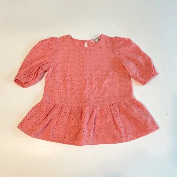 Nanette Lepore Eyelet Blouse Womens S Coral Pink Puff Sleeve Peplum Top - Picture 3 of 6
